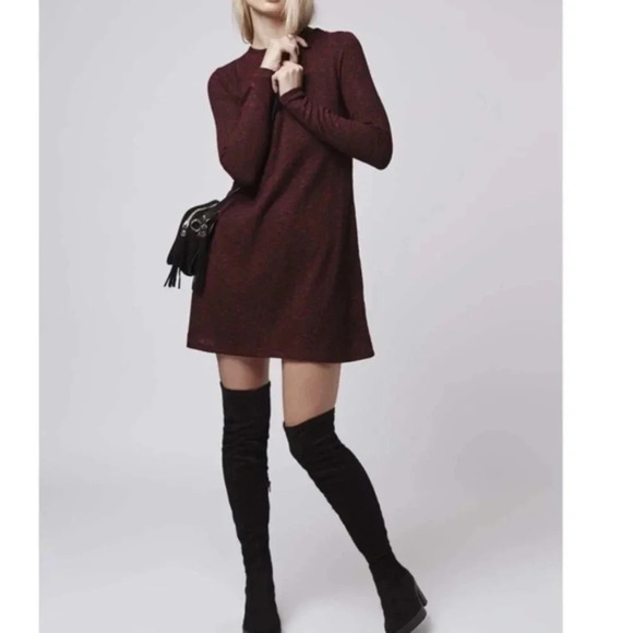 TOPSHOP Flippy Burgundy Ribbed Long Sleeve Dress 4 - Picture 2 of 8